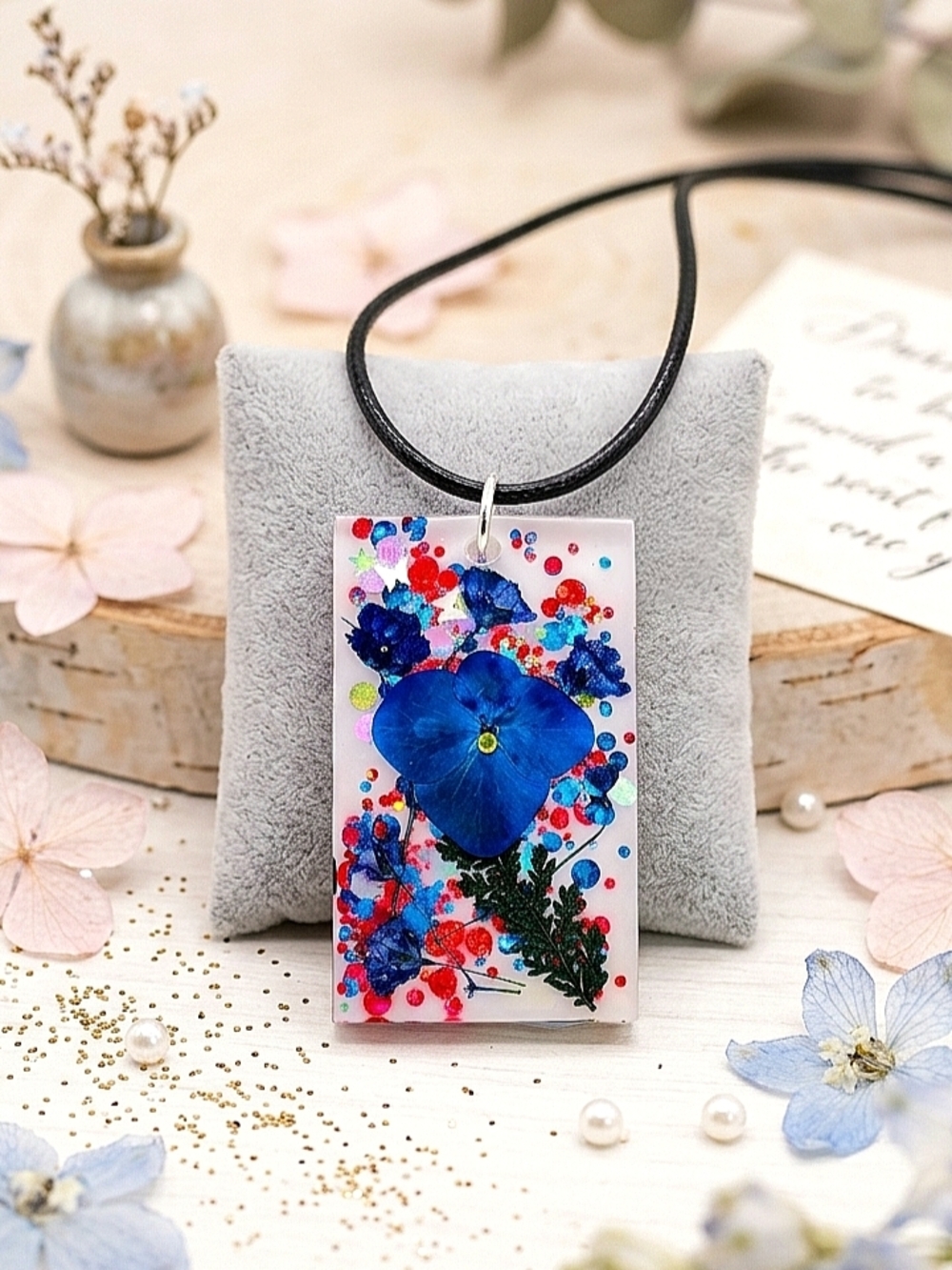 Real Dried Midnight Blue Flowers Green Ferns Sparkly Outdoor Nature Necklace